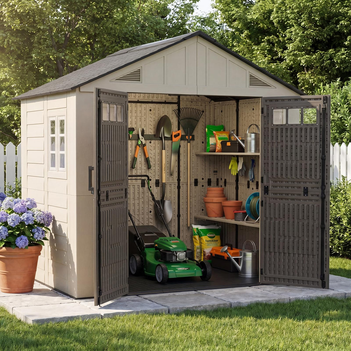 Aoxun 8x6 Ft Outdoor Storage Shed with Floor, Large Resin Outdoor Shed with Lockable Door & Windows, Garden HDPE Sheds for Lawn Tools, Pool Supplies & Bikes