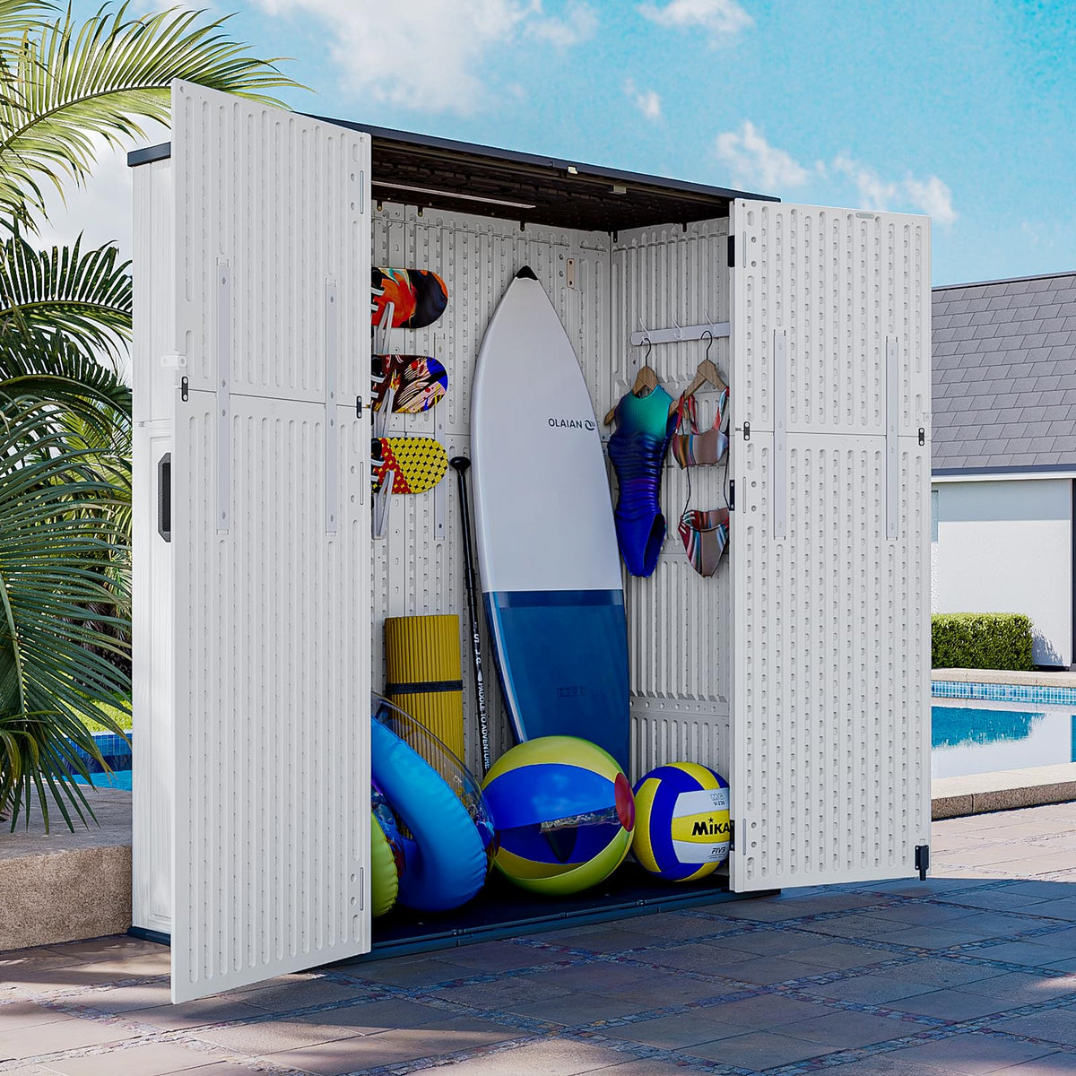 AOXUN Horizontal Storage Sheds 41 Cu.ft, Outdoor Storage Box 160 Gallon, Waterproof Lockable Resin Shed, Patio Storage for Garden, Pool, Cushions, Tools, White