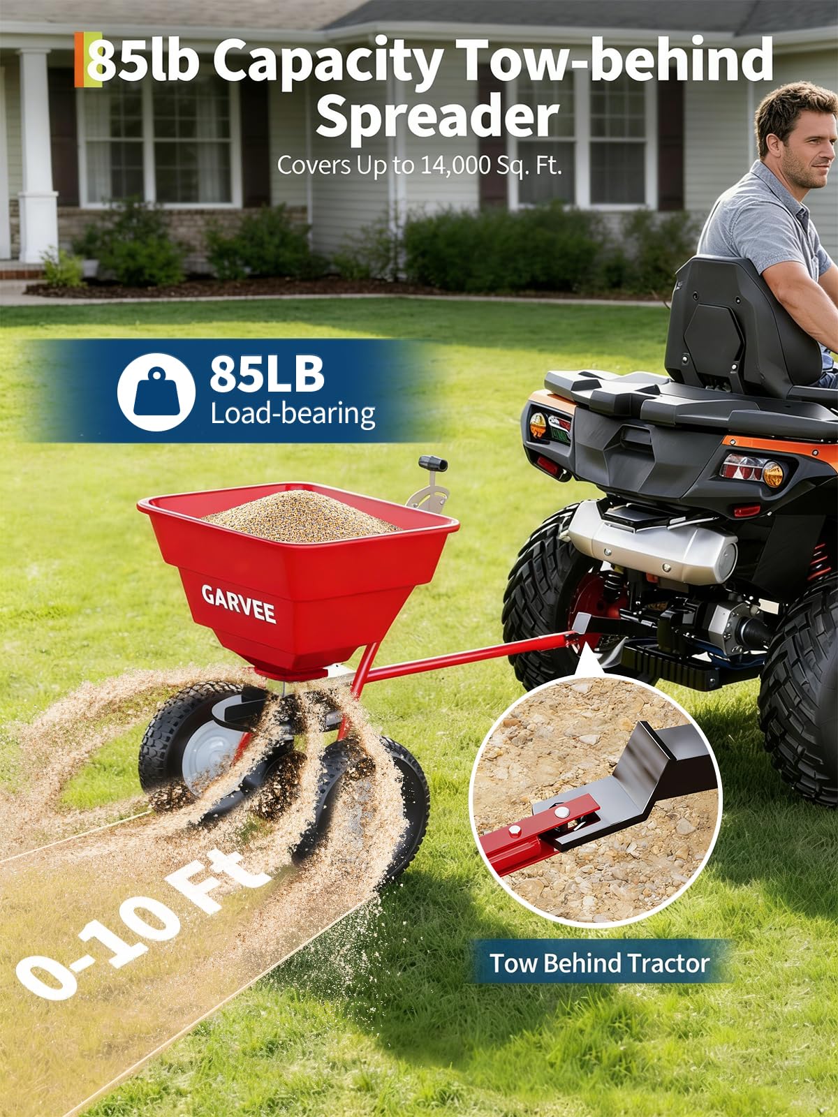 Heavy Duty 85 lbs Tow-Behind Broadcast Spreader – 10" Pneumatic Tires, Adjustable Movement Control – Steel Bucket & Frame