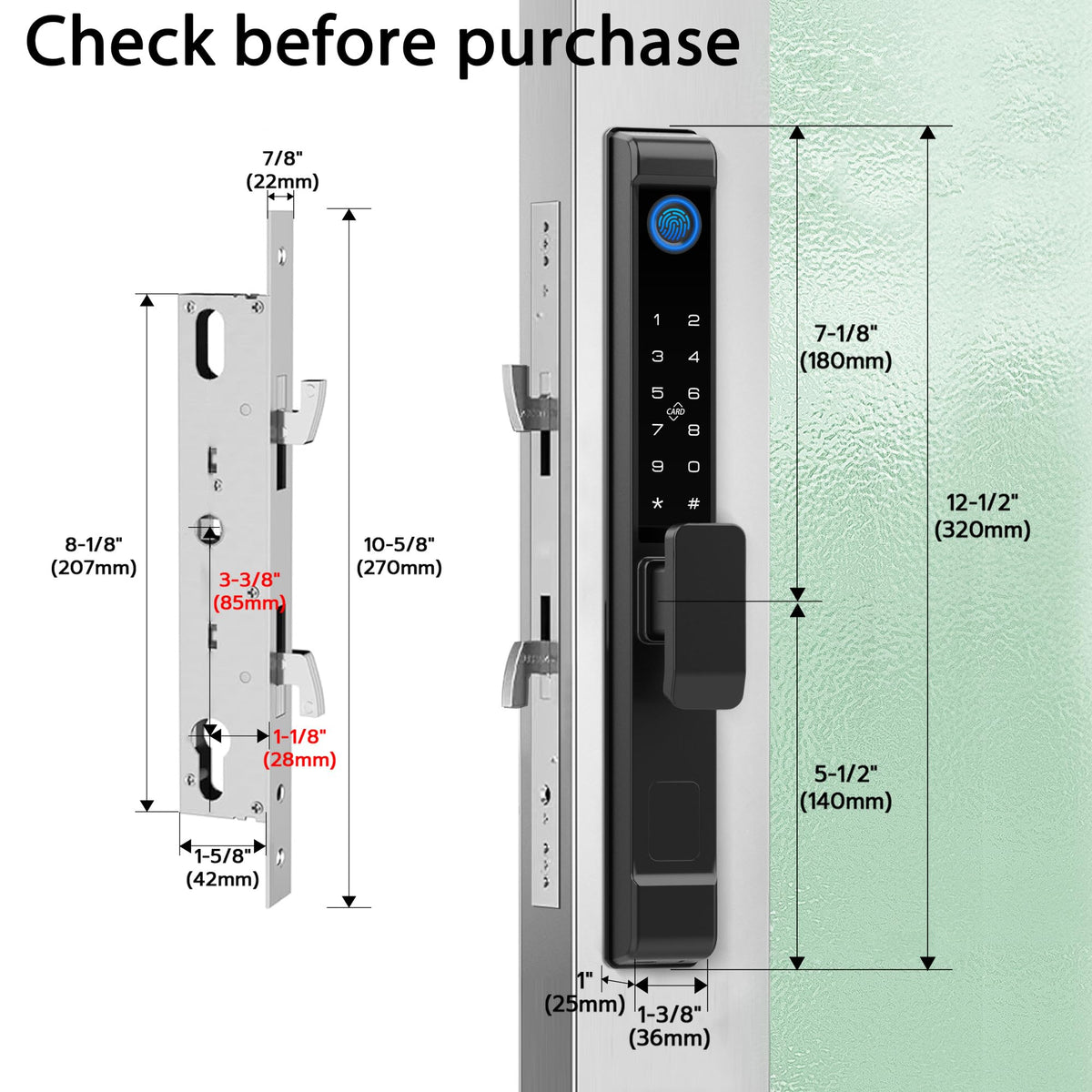 Slim Sliding Glass Door Lock 2885 Latch eLinkSmart Waterproof Keyless Mortise Smart Lock with Hook for Door Thickness 22~110mm, Aluminum Keypad Fingerprint for Patio Door Tuya App