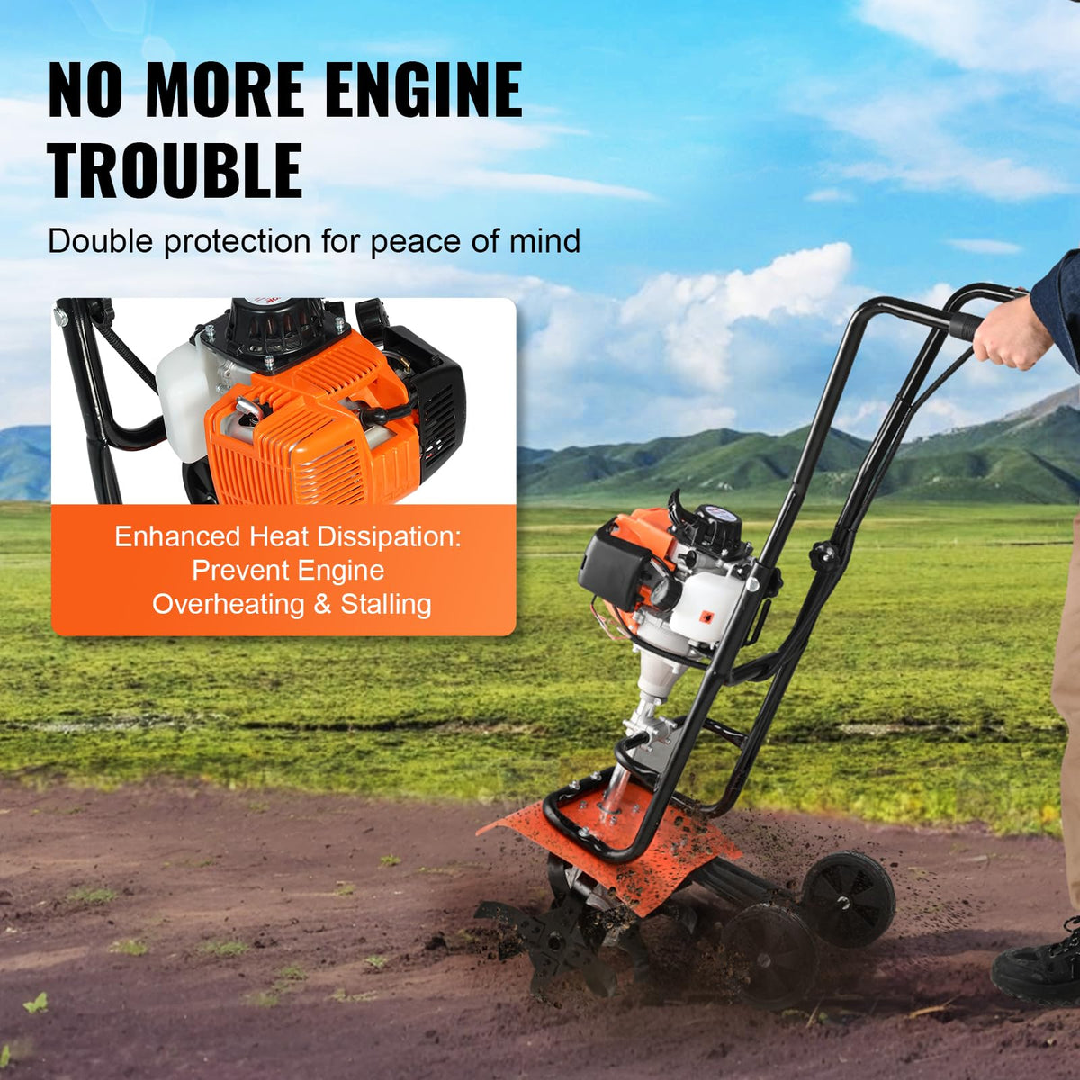 VEVOR Tiller Cultivator Gas Powered 31CC 4-Stroke Garden Cultivator, Orange