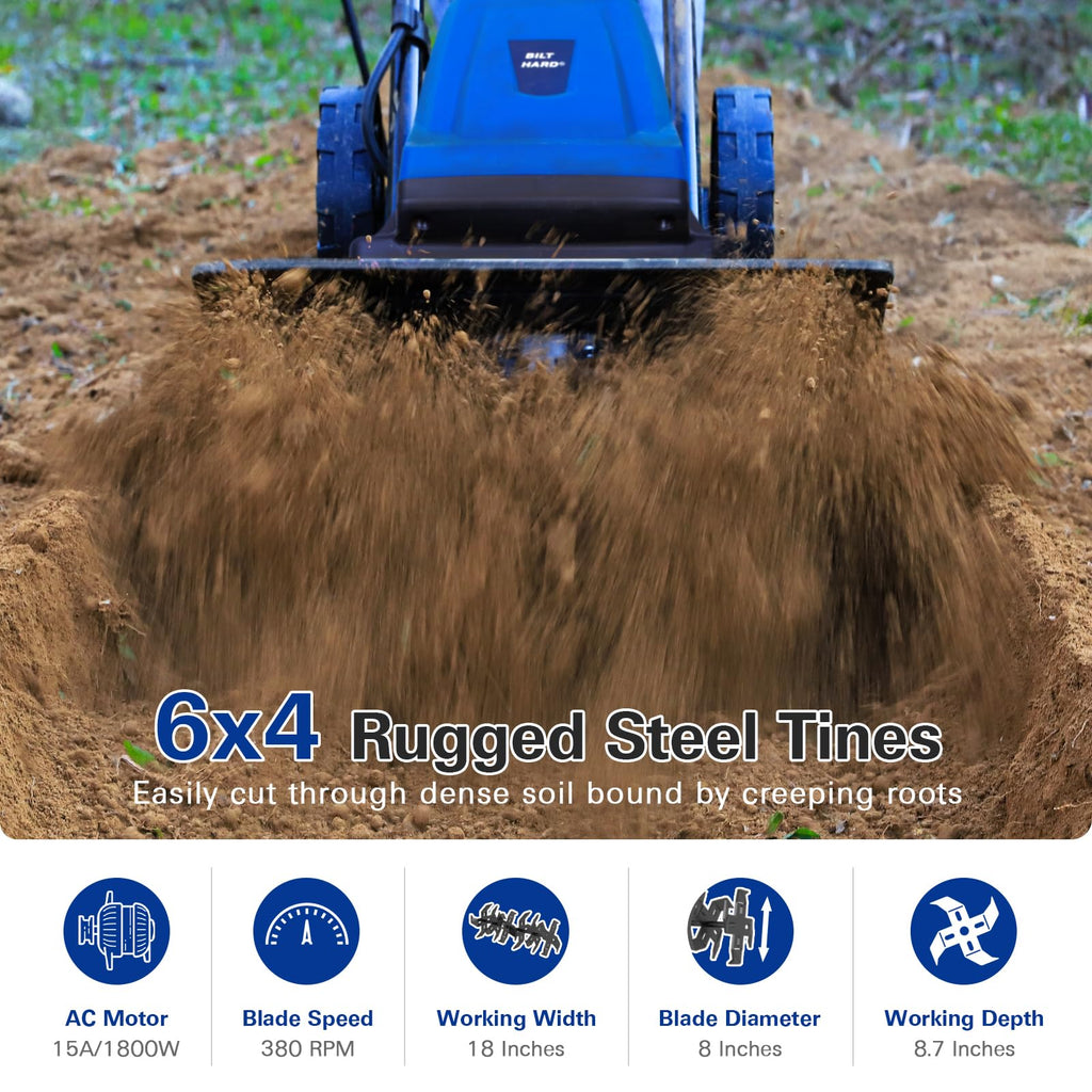 BILT HARD 18 Inch Electric Tiller Cultivator, Corded 15 Amp 6 Steel Tines Tillers for Gardening, Garden Rototiller for Soil Digging with Adjustable Wheels