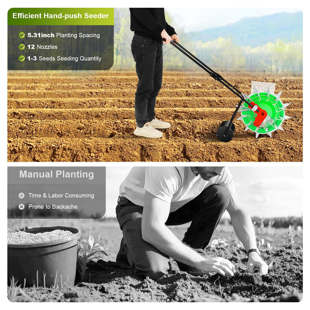 12-Nozzle Manual Seeder Hand-Push Garden Seeder, Hand-Push Garden Seeder, Roller Seeding and Fertilizer Applicator for Home Lawn, Backyard, Greenhouse Gardening(5.3" Spacing)