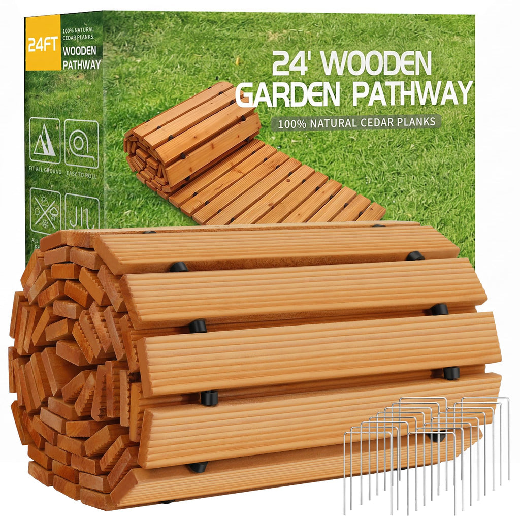 24' Wooden Garden Pathway,Outdoor Roll Out Walkway,Patio Footpath