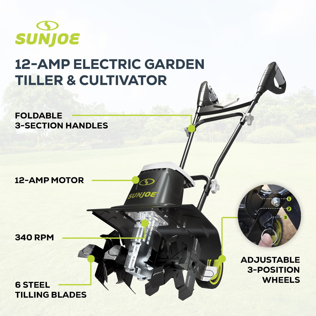 Sun Joe Corded Electric Garden Tiller & Cultivator with Steel Tines, TJ603E