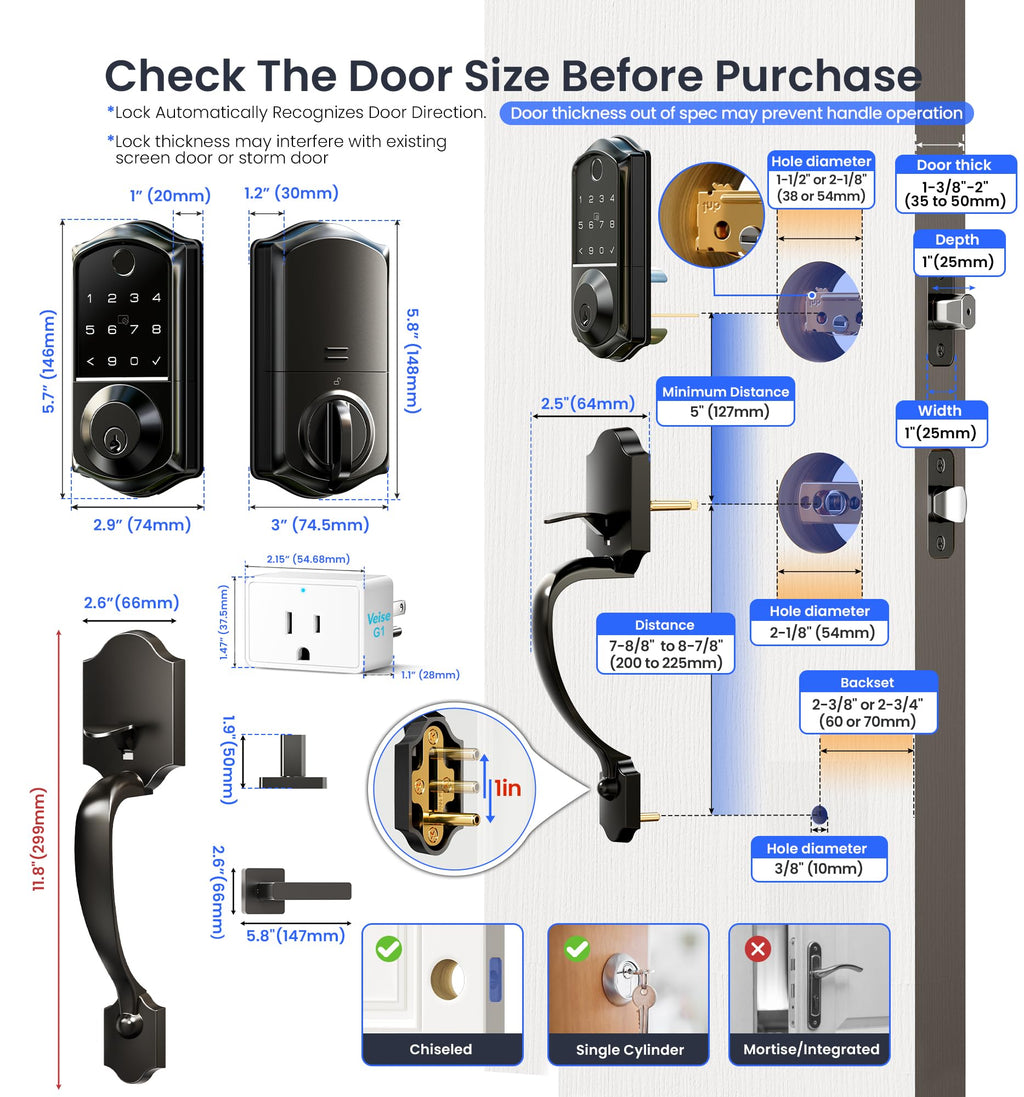 Veise VE017G-H Wi-Fi Smart Door Lock Deadbolt with Handle Set, Matte Black