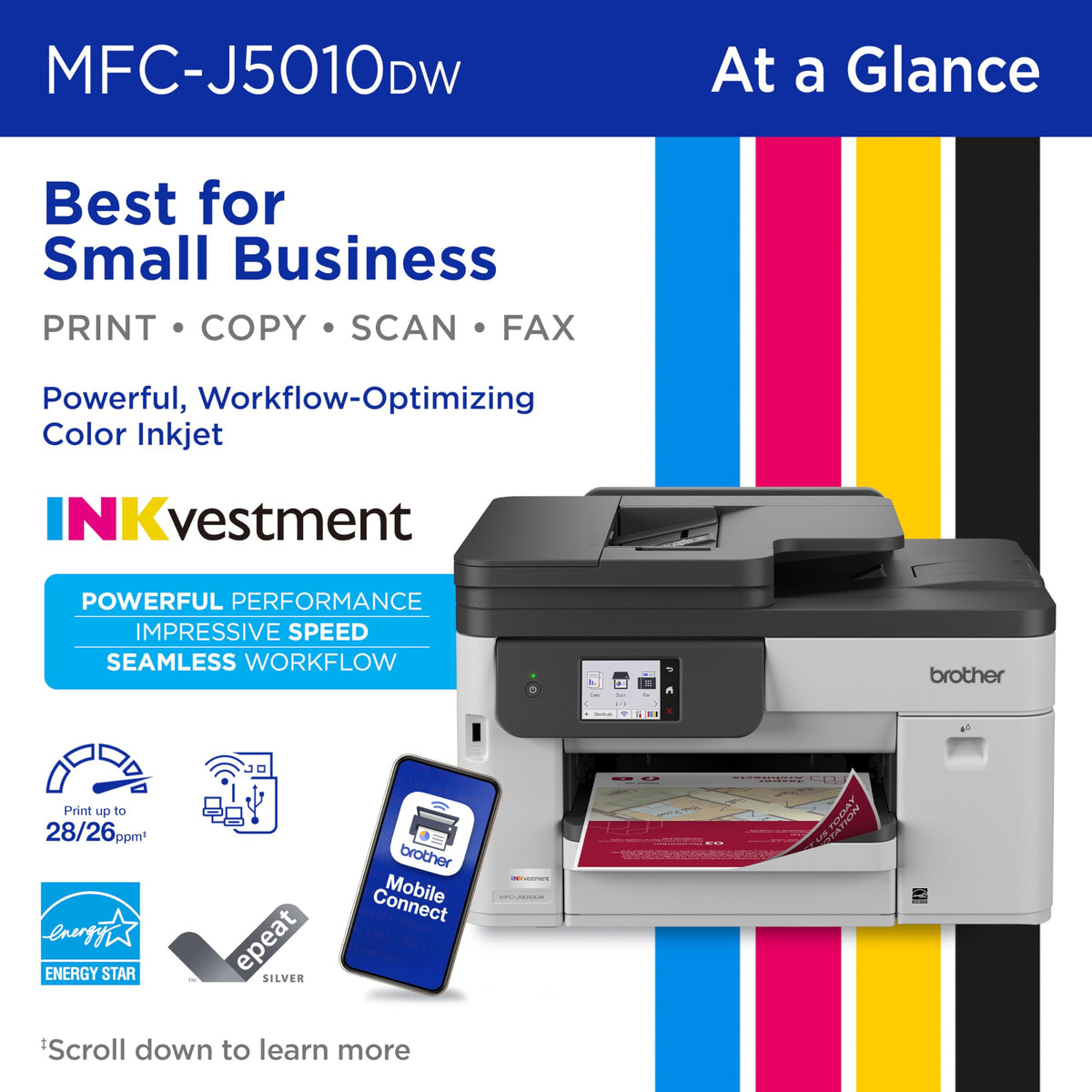 Brother INKvestment 5010 Wireless Color Inkjet All-in-One Printer with Automatic 2-Sided Copy & Scan with 2.7” Color Touchscreen (MCF-J5010DW)
