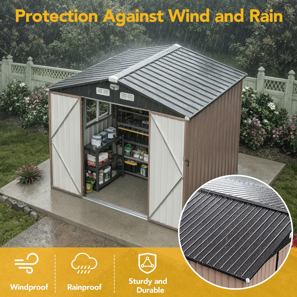 8x6FT Outdoor Storage Shed, Tool Shed with Sloping Roof and Lockable Door, Galvanized Metal Shed for Backyard Garden Patio Lawn, Brown1