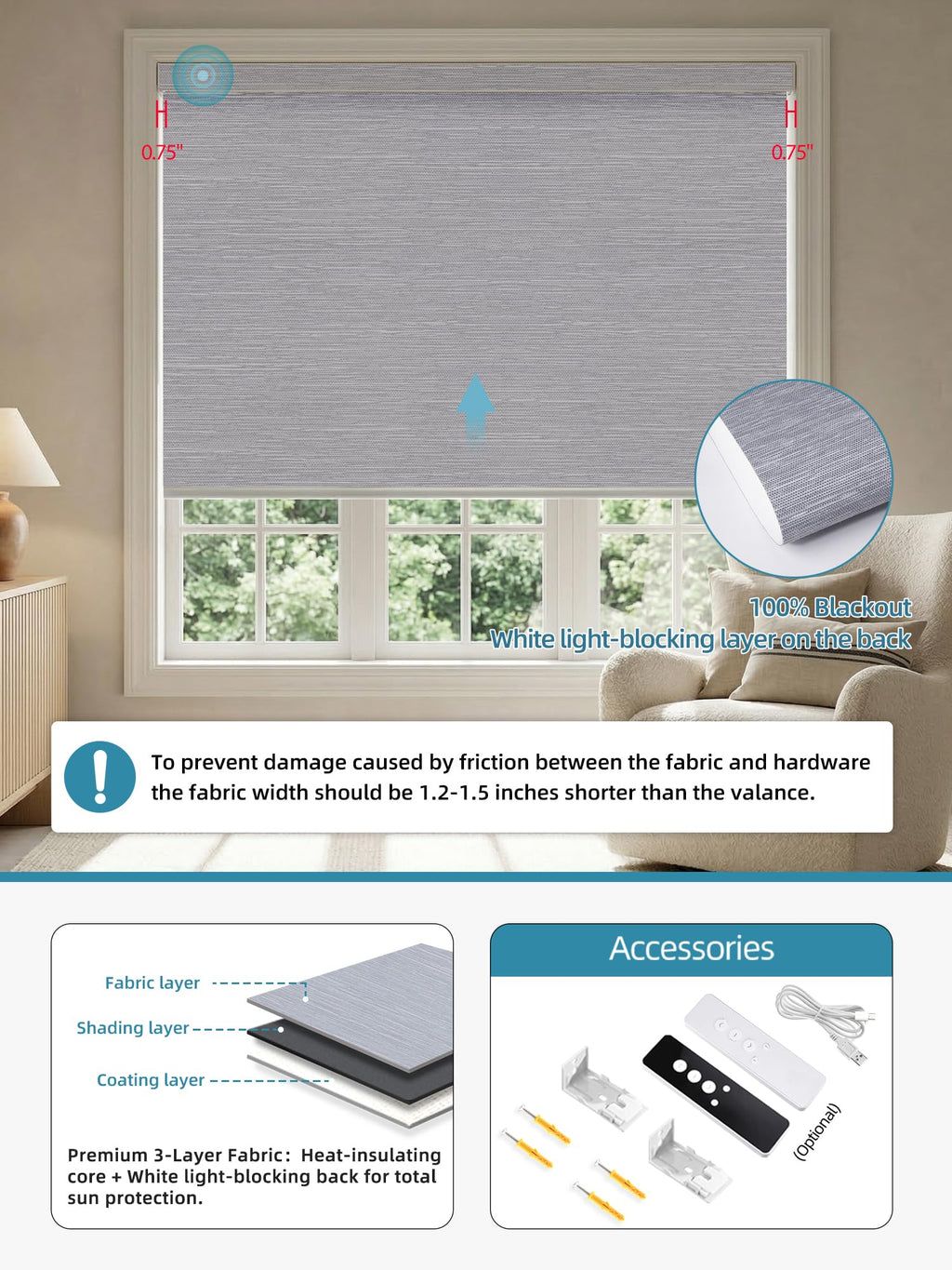 SmartWings Motorized Smart Roller Shades, 100% Blackout Essential Grey