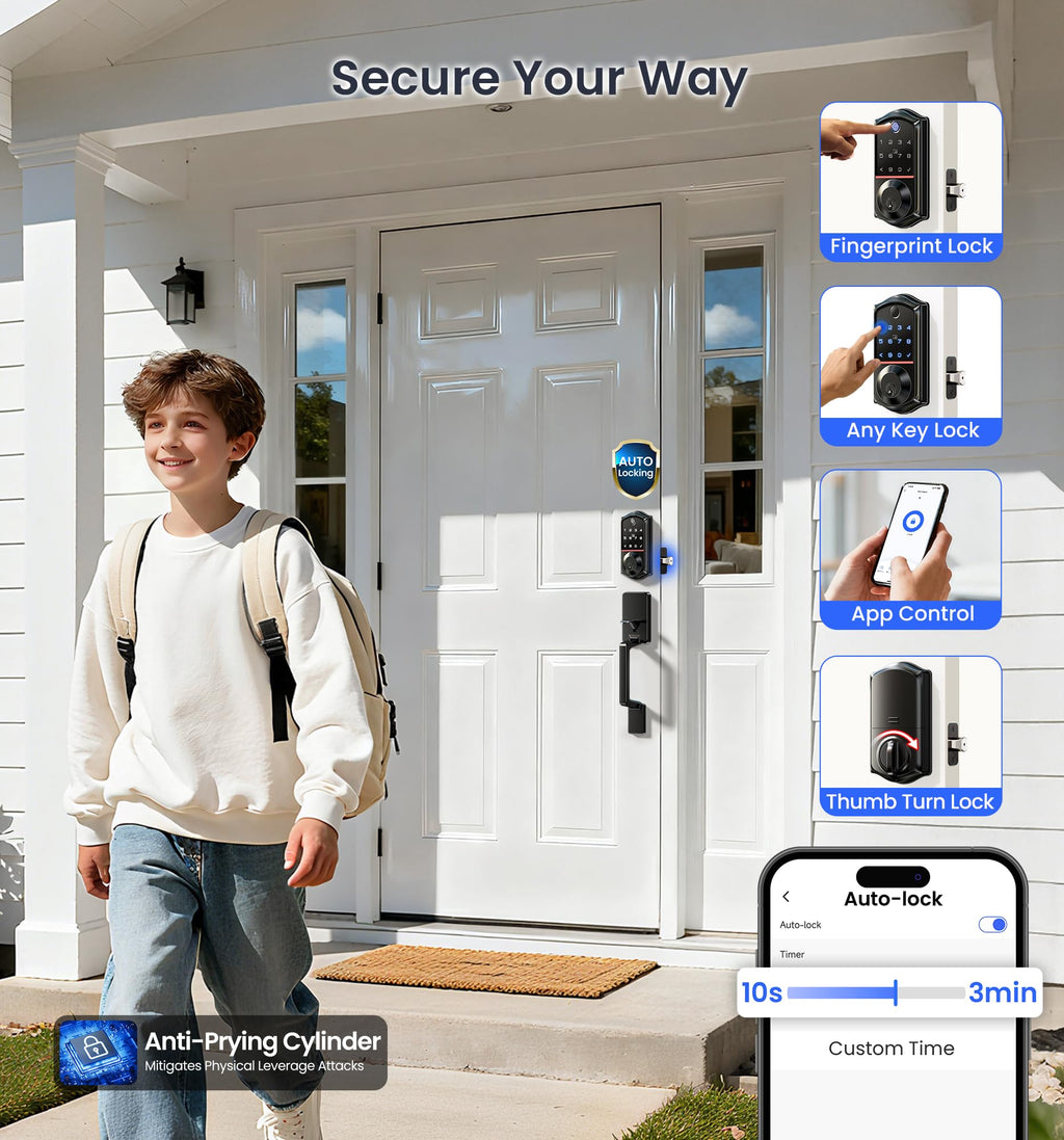 Veise VE017-D Fingerprint Smart Front Door Lock Set, Matte Black