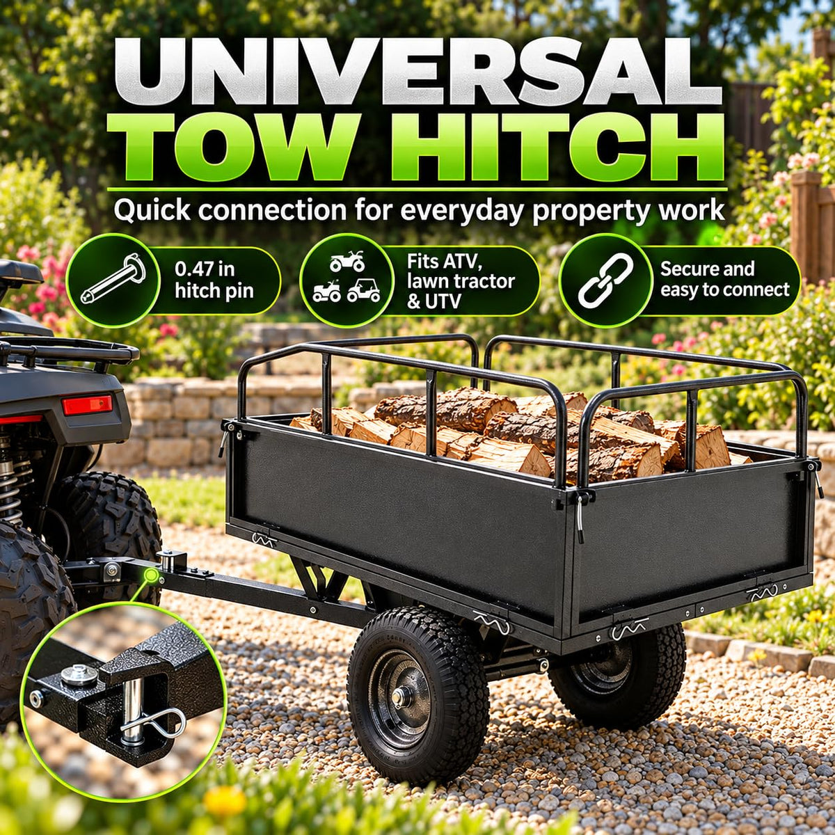 600LBS Heavy Duty Steel Dump Cart Trailer, 17 Cu.Ft. ATV Trailer Tow Behind