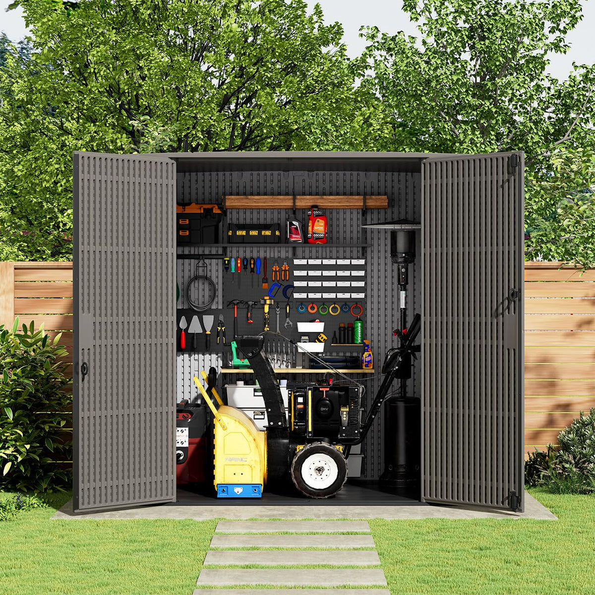 KINYING 6x4 FT Vertical Outdoor Storage Shed,Resin Clearance Outdoor Sheds with Floor,Garden Tool Shed for Lawn Mower/Bike Storage/Trash Cans/Pool Supplies,Lockable