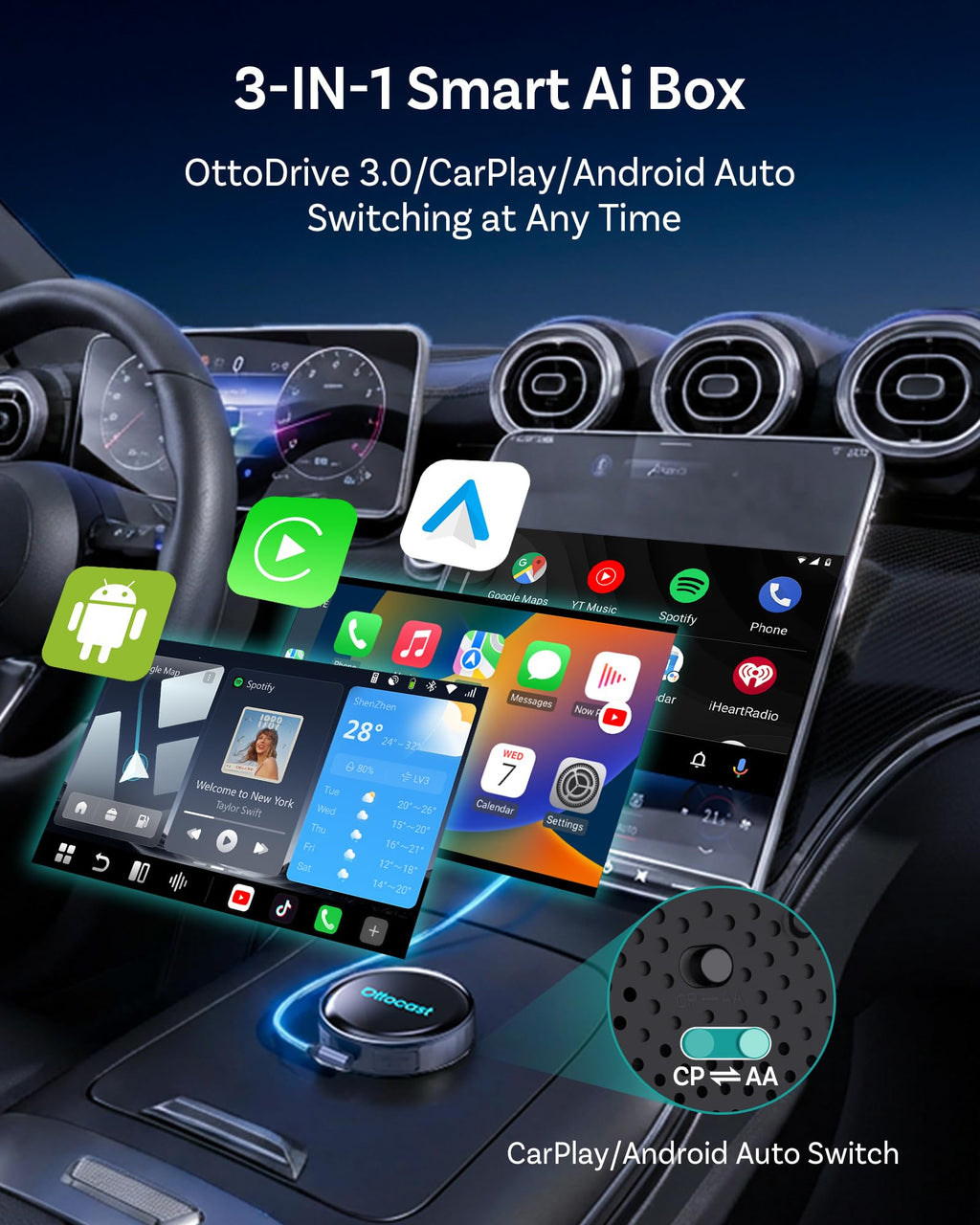 OTTOCAST P3 Pro Android 13 AI Box for CarPlay Android Auto Wireless