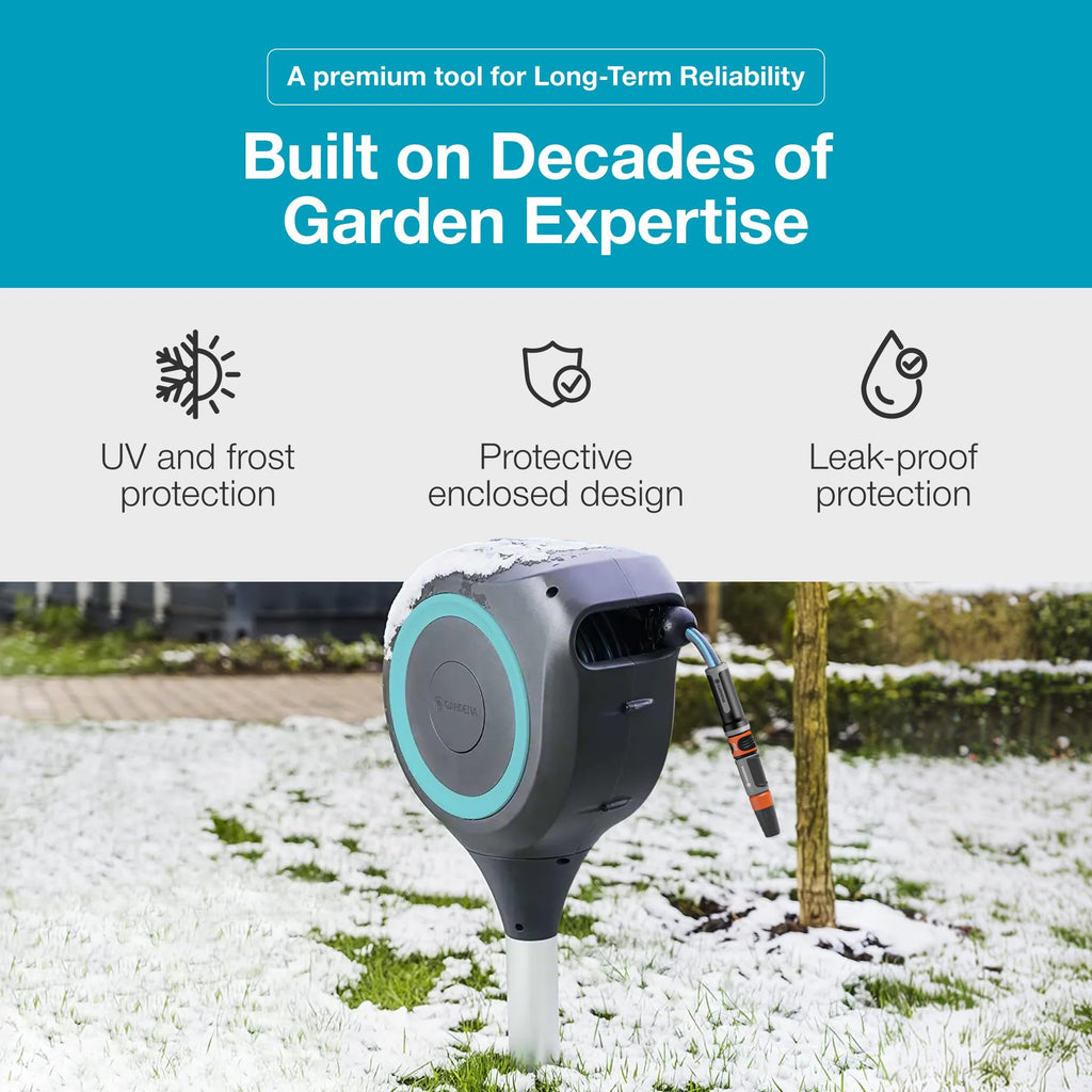 GARDENA Automatic Retractable Garden Hose Reel - 50 Feet - 360 Degree Swivel Outdoor Hose Reel with Metal Spike Base - Auto Retract - UV Resistant Housing - Easy Install No Tools Required - 18604