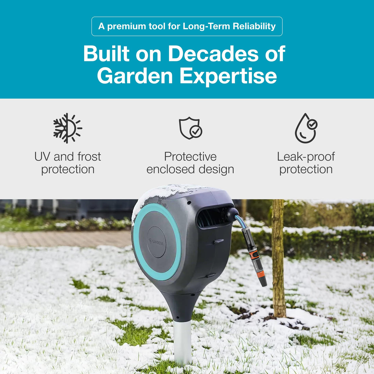 GARDENA Automatic Retractable Garden Hose Reel - 50 Feet - 360 Degree Swivel Outdoor Hose Reel with Metal Spike Base - Auto Retract - UV Resistant Housing - Easy Install No Tools Required - 18604