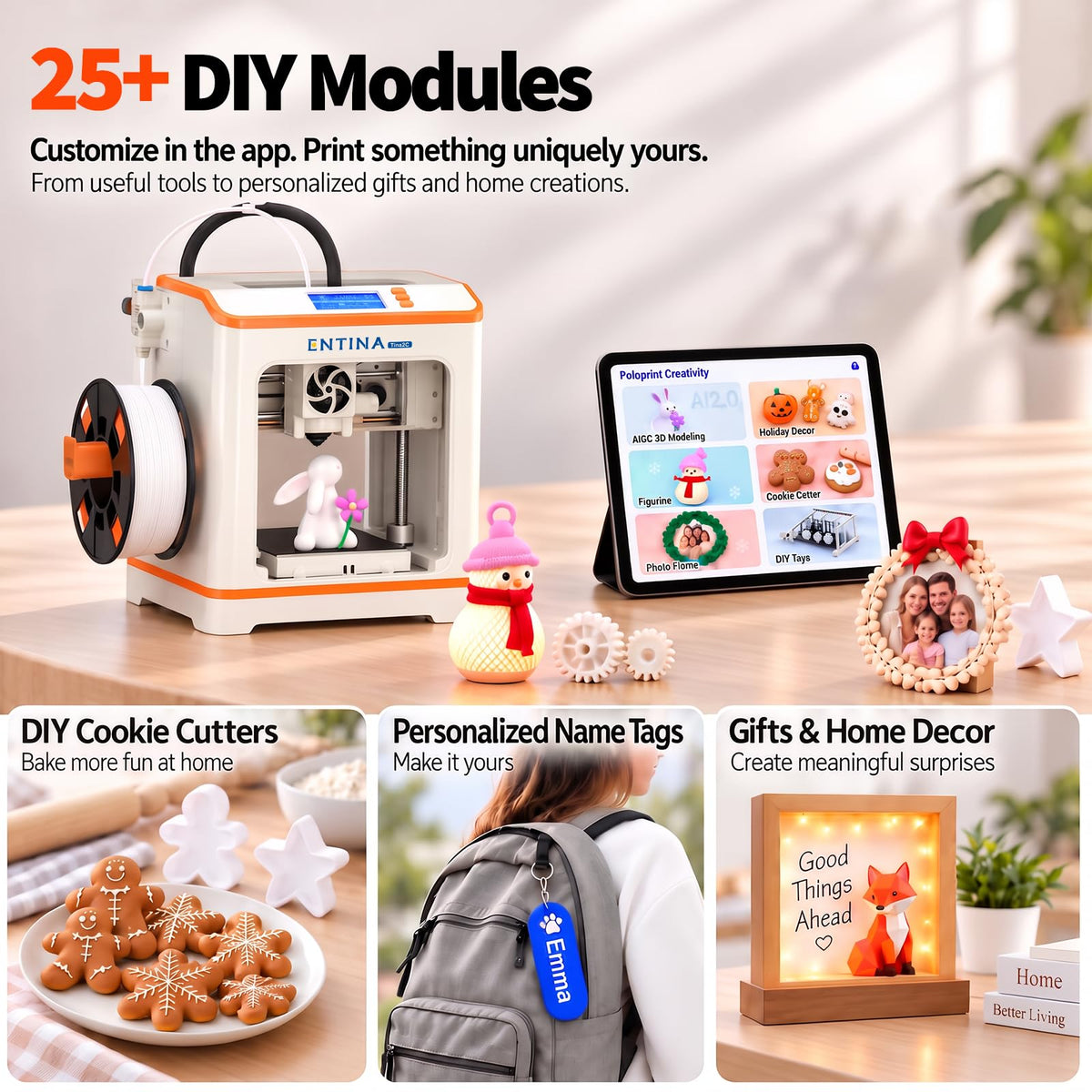 Entina Tina2C 3D Printer for Beginners & Kids, Fully Assembled Mini 3D Printer, 5-Minute Setup, Auto Leveling, WiFi & App Control, 3500+ Models, 25+ DIY Projects, Quiet Printing for Home & STEM