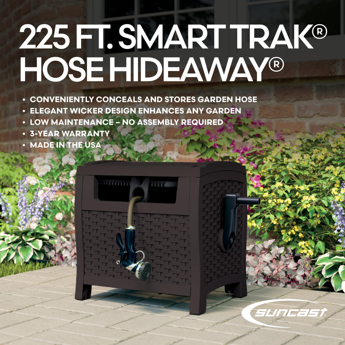 Suncast 225 ft. Smart Tube Hose Reel Hideaway, Garden Hose Holder, Brown