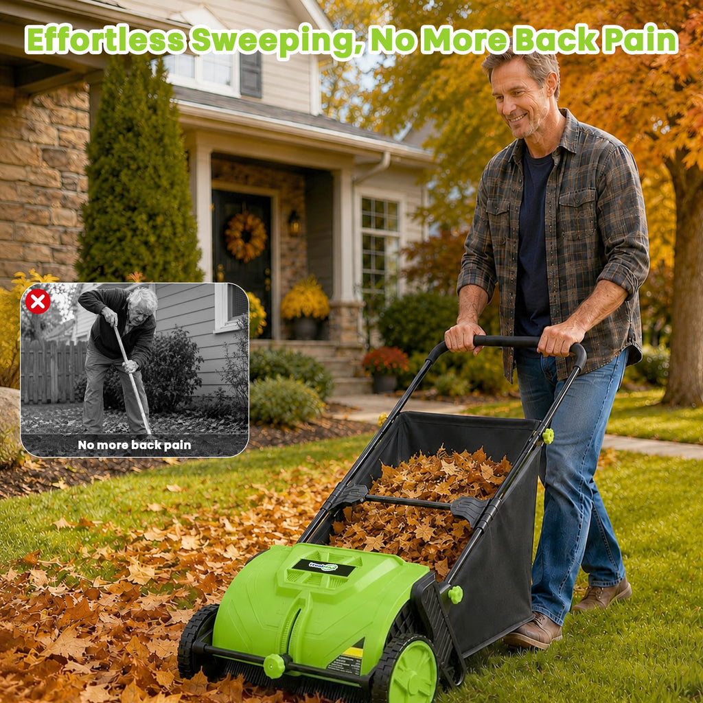 22-Inch Push Lawn Sweeper, Leaf & Grass Collector for Clippings, Wet Leaves