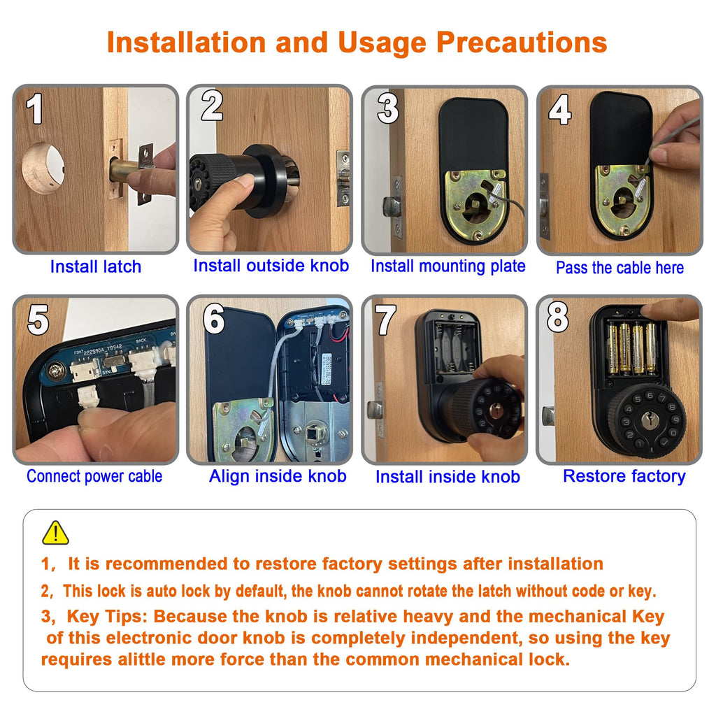 Keypad Door Knob with Key,Keyless Entry Door Lock, Code Locks Door Knob, Auto Lock,50 User Code,Easy to Install,for Home,Office,Bedroom,Garage,No Deadbolt, YJ22-BK, Double Sided Matte Black