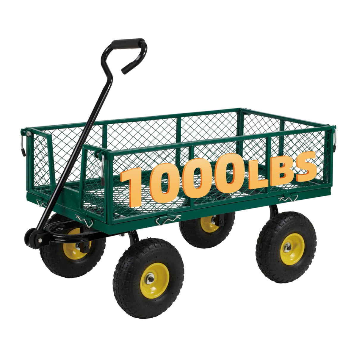 Finnhomy Heavy Duty 1000 Lbs Capacity Mesh Steel Garden Cart, Pullable Garden Wagons Carts on Wheels, Folding Utility Wagon with Removable Sides for Outdoor, Yard, Lawn, Yellow