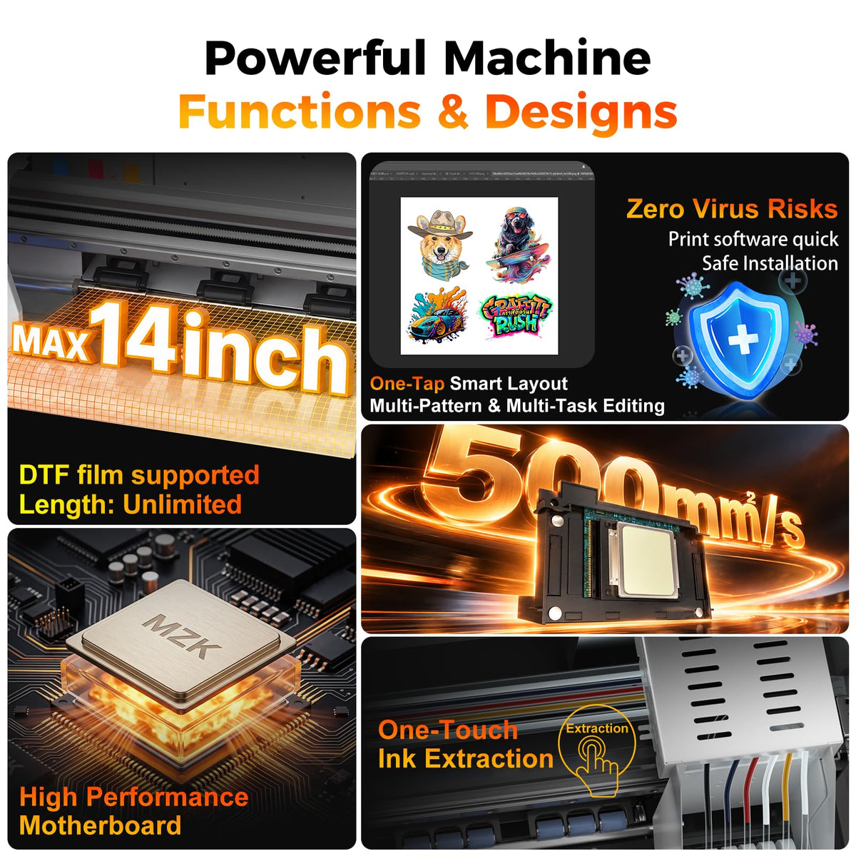 MZK 14'' A3 DTF Printer F1080 Printhead with Auto Maintenance– Ready to Run Out of Box,2X-Speed vs L1800,One-Click Print-to-Bake,White Ink Circulation,Printhead Anti-Clog Design,2-Year Free Ink