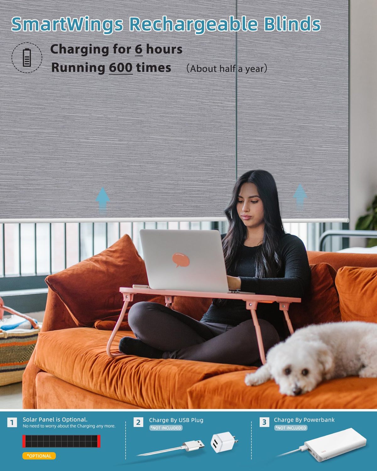 SmartWings Motorized Smart Roller Shades, 100% Blackout Essential Grey