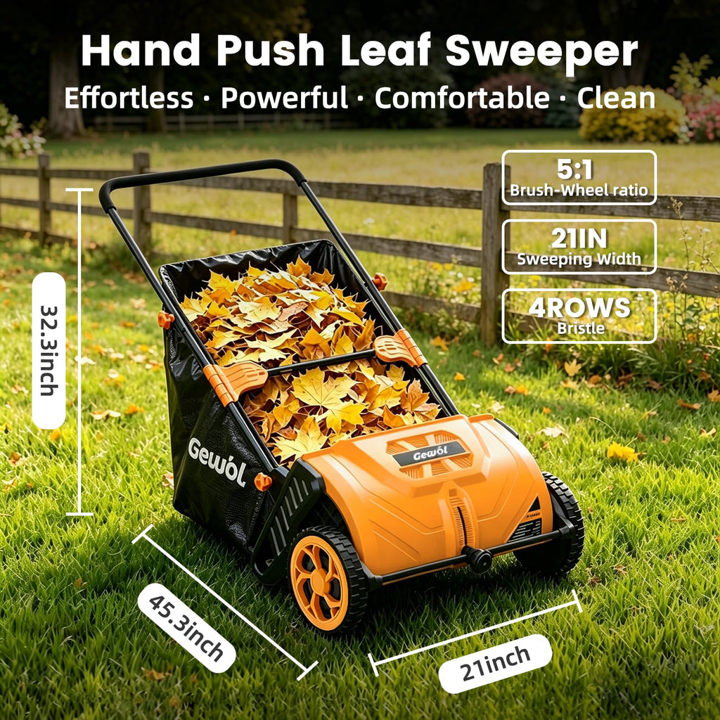 21 Inch Walk-Behind Lawn Sweeper, Push Yard Sweeper with 3.5 Bushel Collection Bag, Manual Leaf & Grass Collector for Lawn, Yard and Garden