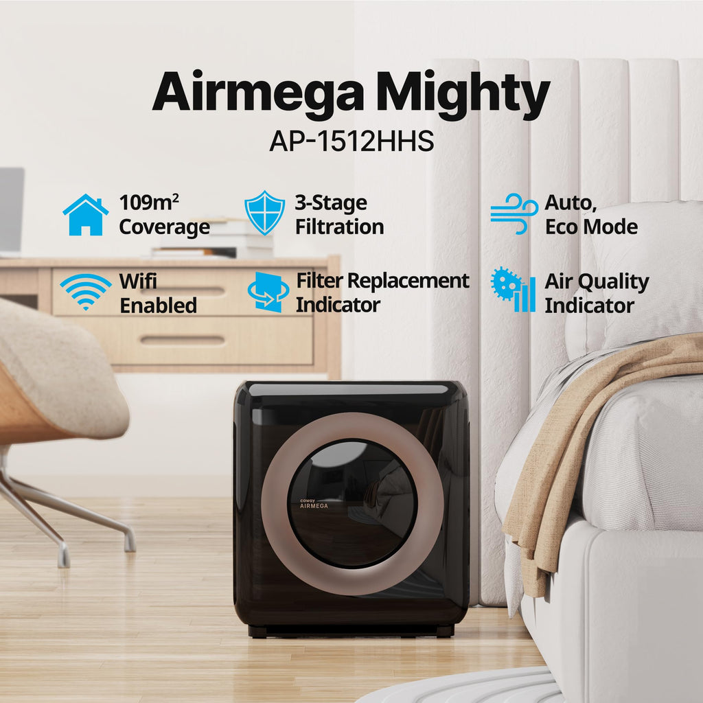 COWAY Air Purifier for Home Up to 1,575ft², App-Enabled Smart Technology, Compatible with Amazon Alexa, HEPA Filter for Smoke, Allergies, Odor, Auto Mode, Airmega AP-1512HHS Black