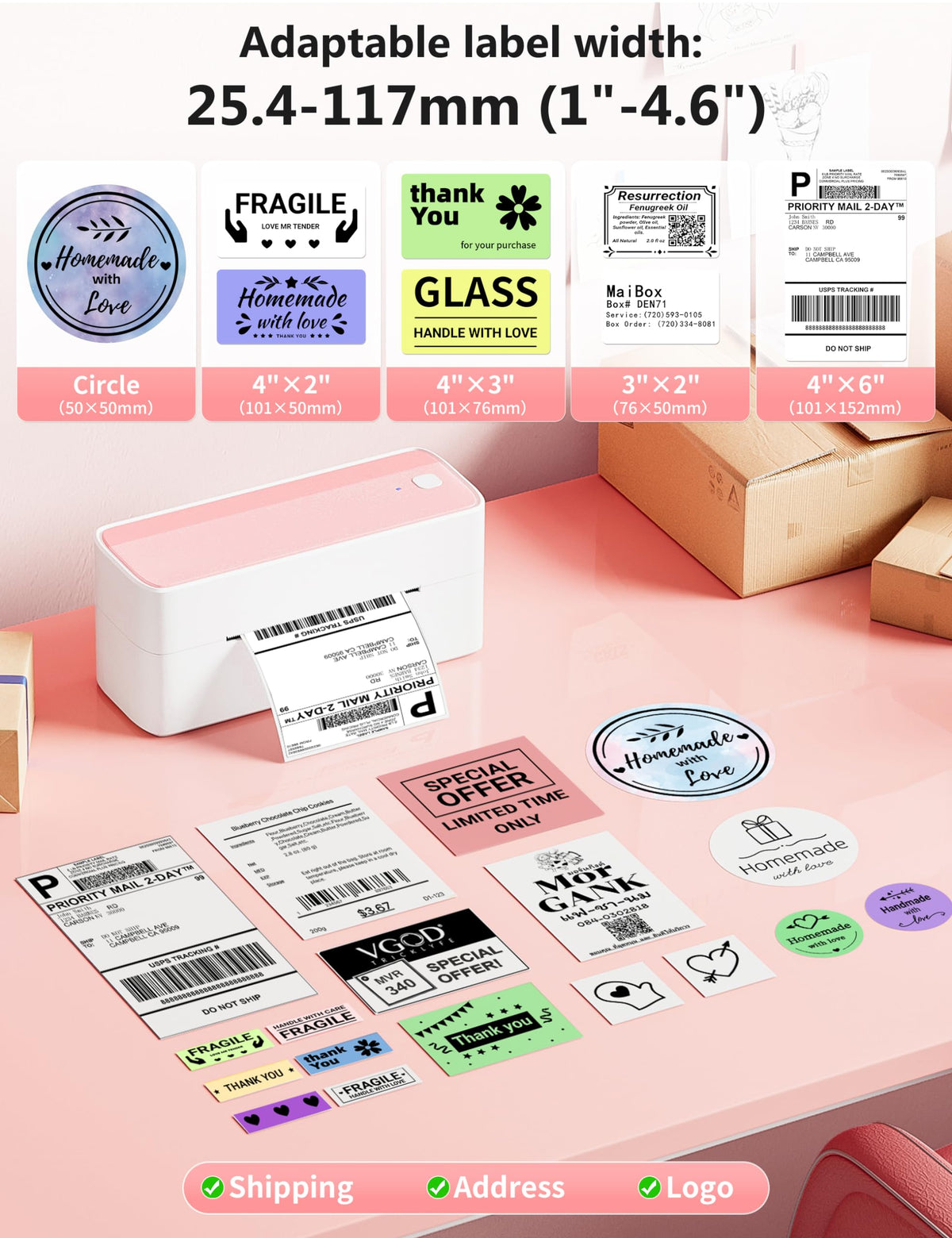 Phomemo Bluetooth Thermal Shipping Label Printer with Holder & 500pcs Label