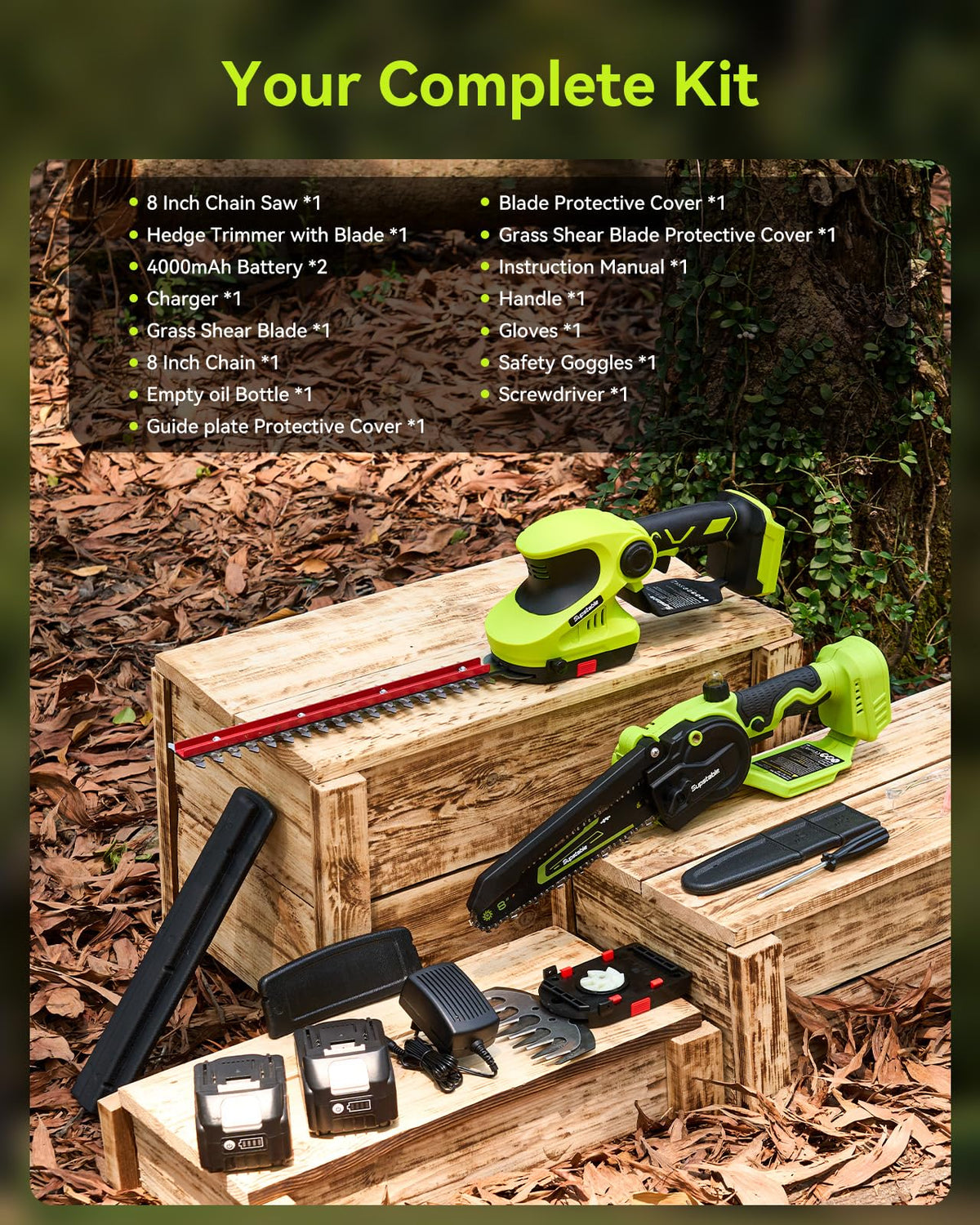 3-in-1 Cordless Mini Chainsaw & Hedge Trimmer with Grass Shears, 8-Inch 800W Brushless Chainsaw, 2 x 4000mAh Batteries, Garden Tool Kit for Tree Pruning, Hedge Trimming & Lawn Edging