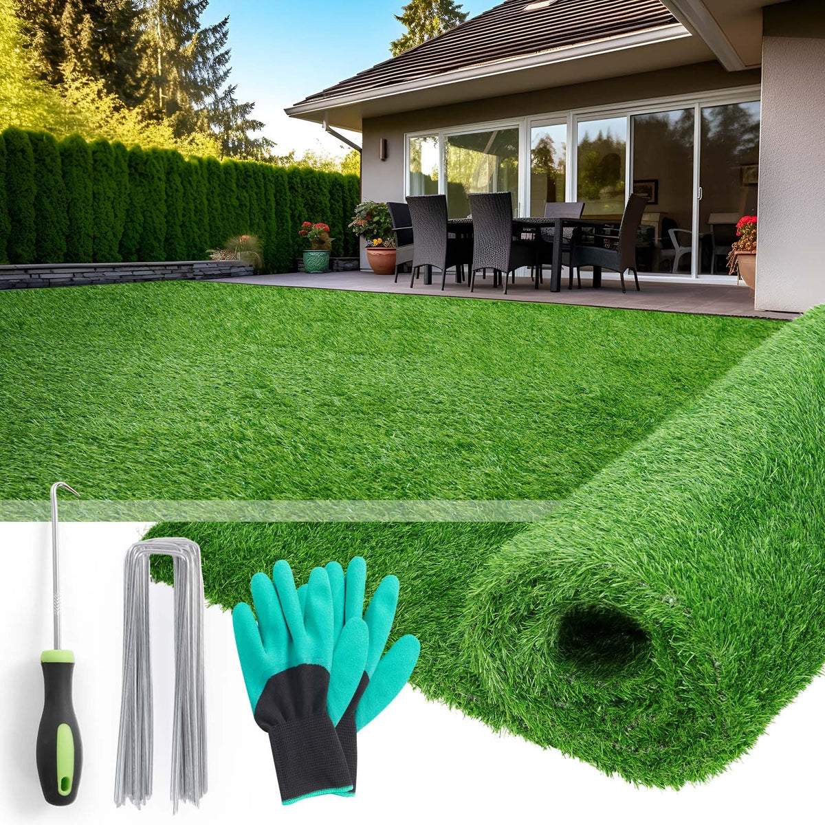 Artificial Turf Grass Outdoor 7x15FT, Fake Grass with Drainage Holes