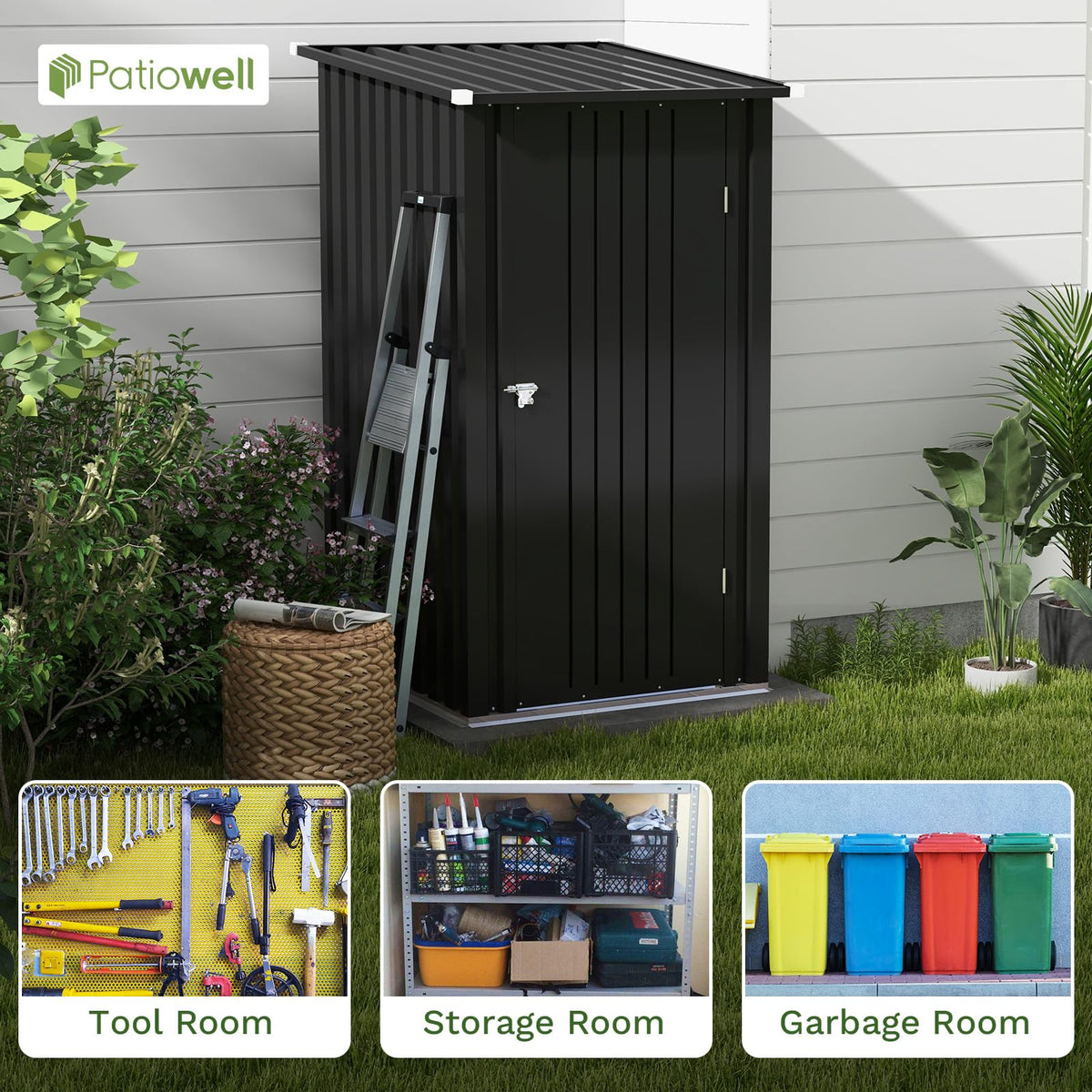 Patiowell 3x3 FT Outdoor Storage Shed, Metal Sheds, Black