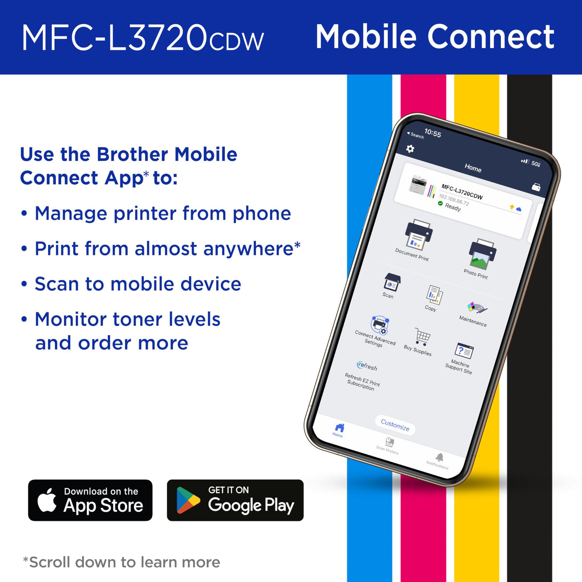 Brother MFC-L3720CDW Wireless Color Laser Printer, Scanner, Copier, Fax, Auto Duplex, 250-Sheet Capacity