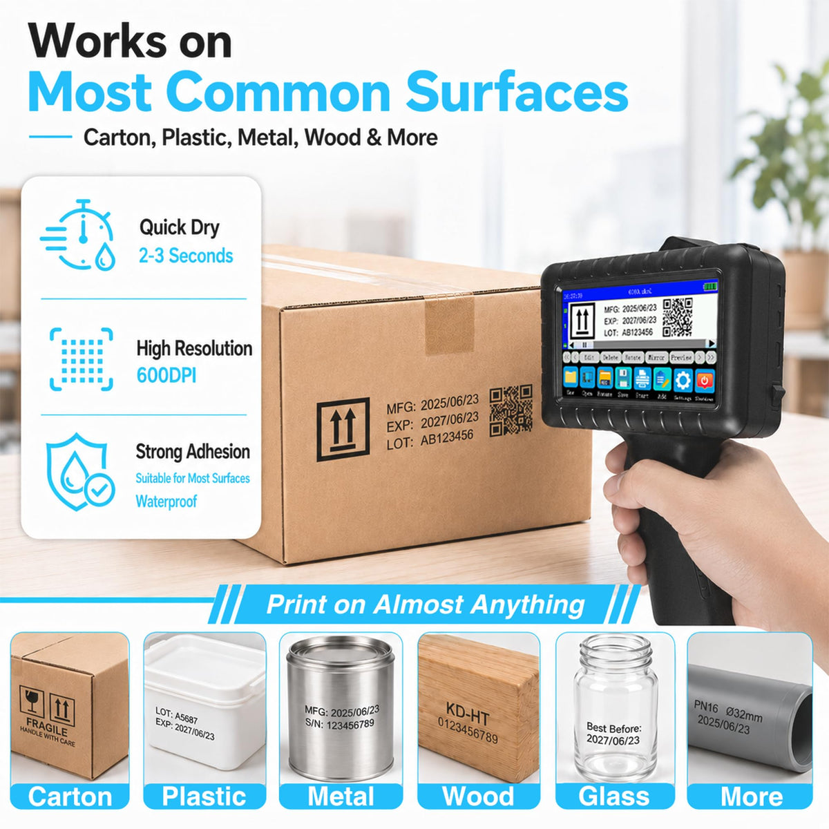 Handheld Inkjet Printer for Text Date Barcode Batch Number, 0.5 Inch Print Height Portable Handheld Printer for Glass Wood Plastic Cardboard Metal,Weight 370g, with 42ml Black Fast Dry Ink
