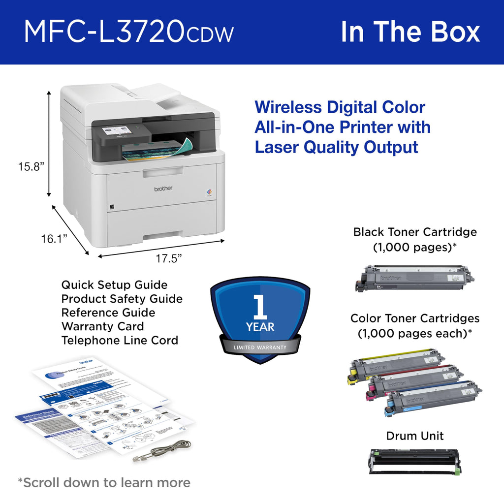 Brother MFC-L3720CDW Wireless Color Laser Printer, Scanner, Copier, Fax, Auto Duplex, 250-Sheet Capacity