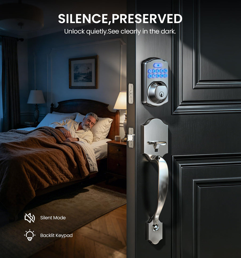 Veise VE012W-H Wi-Fi Smart Front Door Lock Set with Handle, Satin Nickel