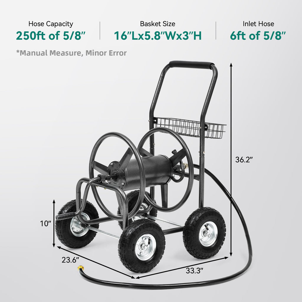 250ft Heavy Duty Hose Reel Cart with 4 Wheels, 5/8" Hose Capacity