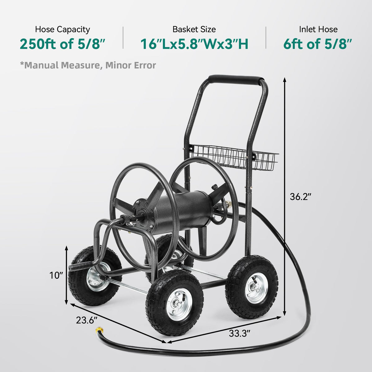 250ft Heavy Duty Hose Reel Cart with 4 Wheels, 5/8" Hose Capacity