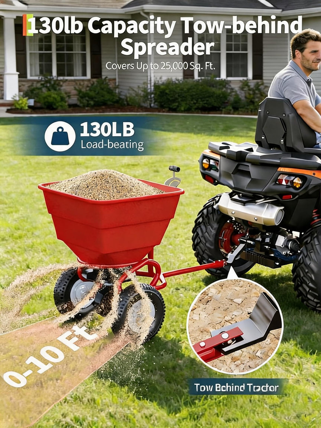 IDEALHOUSE Tow-Behind Pull Broadcast Spreader - 130 lbs Capacity