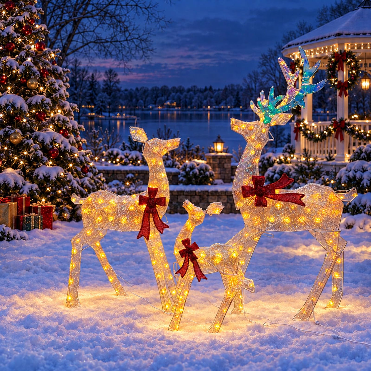 2D Lighted Reindeer Family, 3-Piece Warm Yellow Christmas Yard Decorations