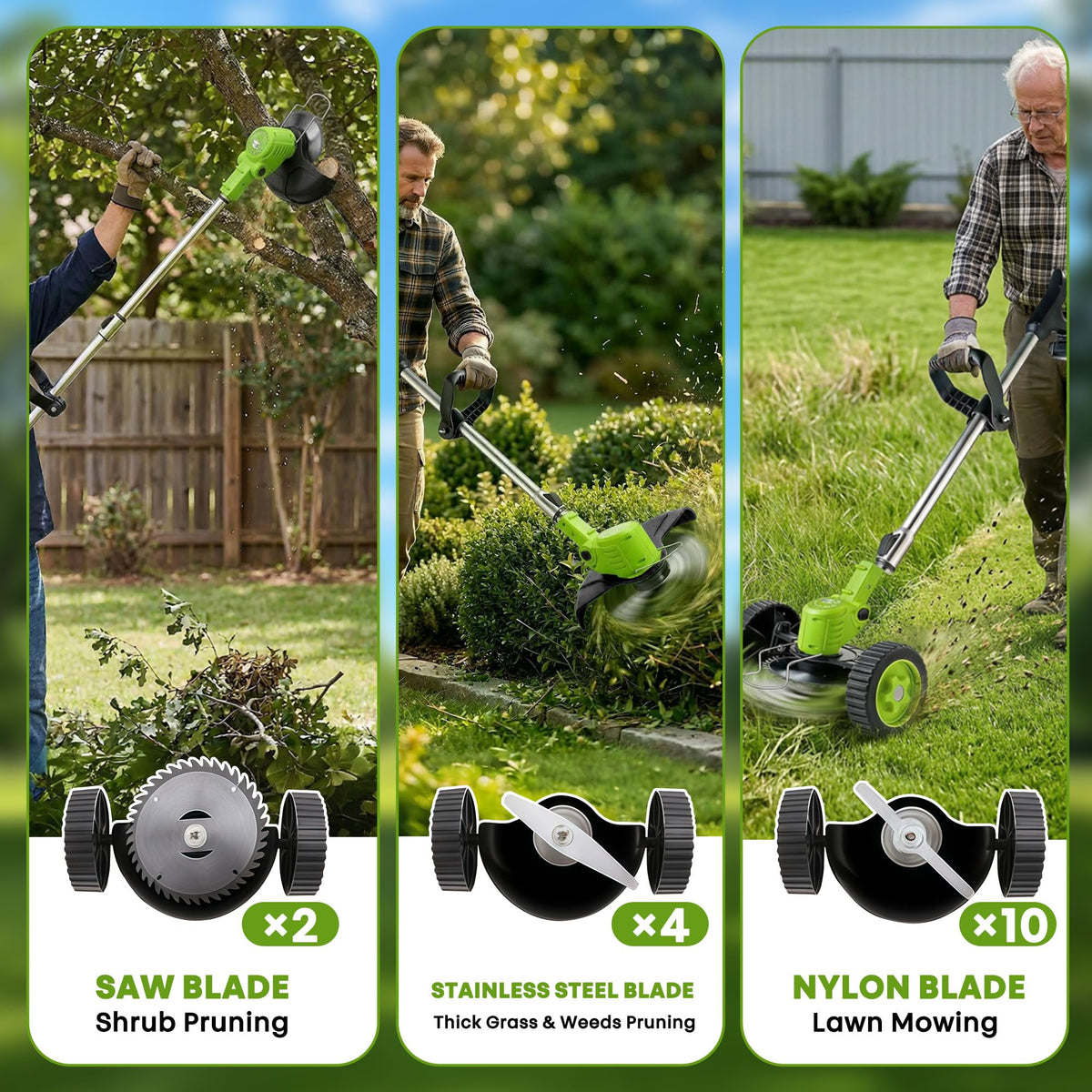 Cordless Electric Weed Wacker with Wheels, 3-in-1 Grass Trimmer & Brush Cutter & Lawn Edger, 3 Types Blade, 2X2000mAh Batteries, Lightweight String Trimmer for Garden and Yard Lawn, Gifts for Seniors