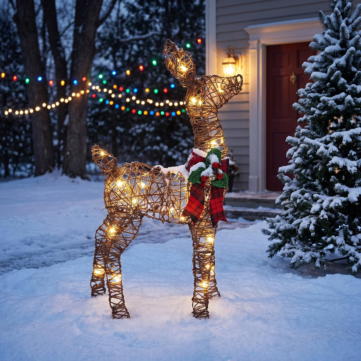 3-Piece 3D Lighted Christmas Deer Family Set, 146 Warm White LED Reindeer Decorations Outdoor, 52" Large Gold Christmas Yard Decorations with Stakes, Waterproof Holiday Lawn Decor for Garden Porch