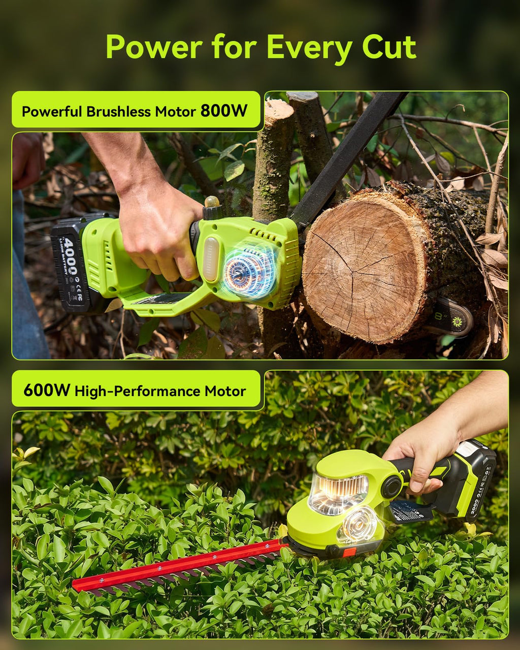 3-in-1 Cordless Mini Chainsaw & Hedge Trimmer with Grass Shears, 8-Inch 800W Brushless Chainsaw, 2 x 4000mAh Batteries, Garden Tool Kit for Tree Pruning, Hedge Trimming & Lawn Edging