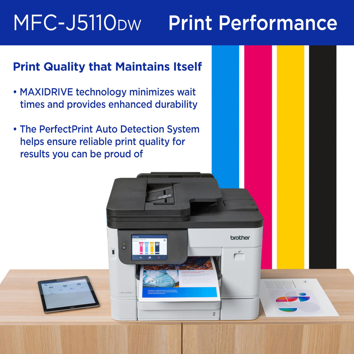 Brother INKvestment 5110 Wireless Color Inkjet All-in-One Printer with a 500-sheet Paper Tray Capacity and a 4.3” Color Touchscreen (MFCJ5110DW)