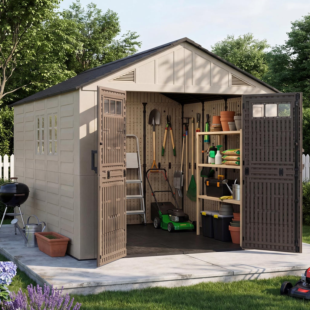 Aoxun 8x6 Ft Outdoor Storage Shed with Floor, Large Resin Outdoor Shed with Lockable Door & Windows, Garden HDPE Sheds for Lawn Tools, Pool Supplies & Bikes