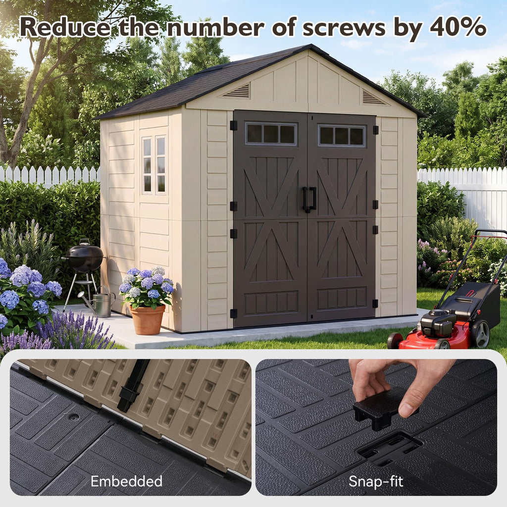 Aoxun 8x6 Ft Outdoor Storage Shed with Floor, Large Resin Outdoor Shed with Lockable Door & Windows, Garden HDPE Sheds for Lawn Tools, Pool Supplies & Bikes