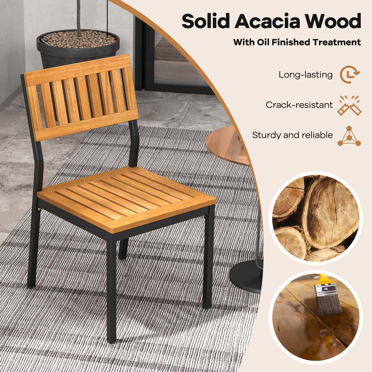 Tangkula Patio Dining Chair Set of 4, Outdoor Acacia Wood Chairs with Metal Frame, All-Weather Bistro Chairs, for Indoor Lawn Backyard Patio Garden Deck Balcony
