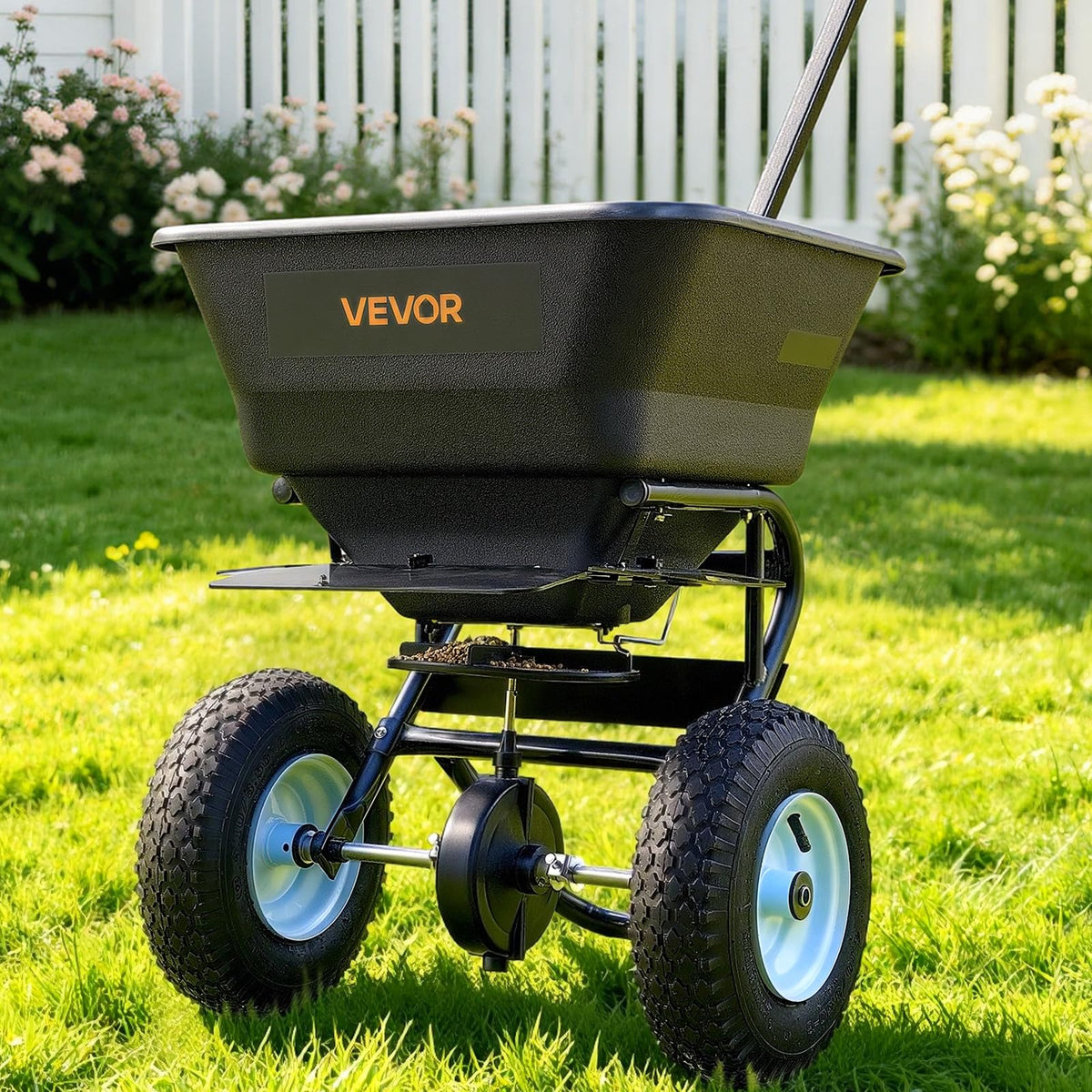 VEVOR Broadcast Spreader 130 lbs Capacity Hopper Walk-Behind Push Spreader | for Lawn & Garden Care, 12 ft Spreading Width, 13" All-Terrain Tires, Adjustable Flow Control for Fertilizer Seed Ice Melt