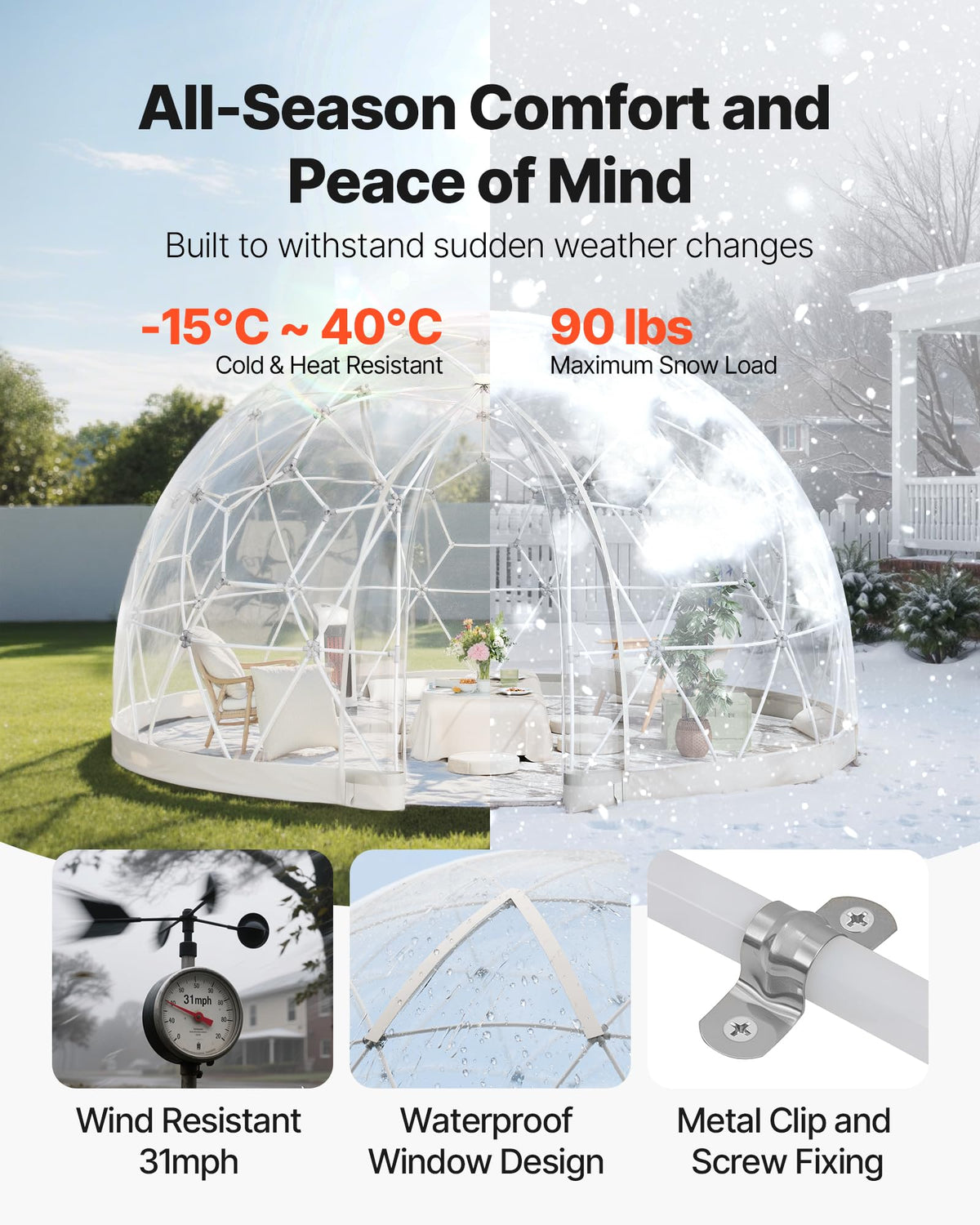 VEVOR Garden Dome Tent 9.5 x 5.7 ft Clear Bubble Tent House for 2-4 Person