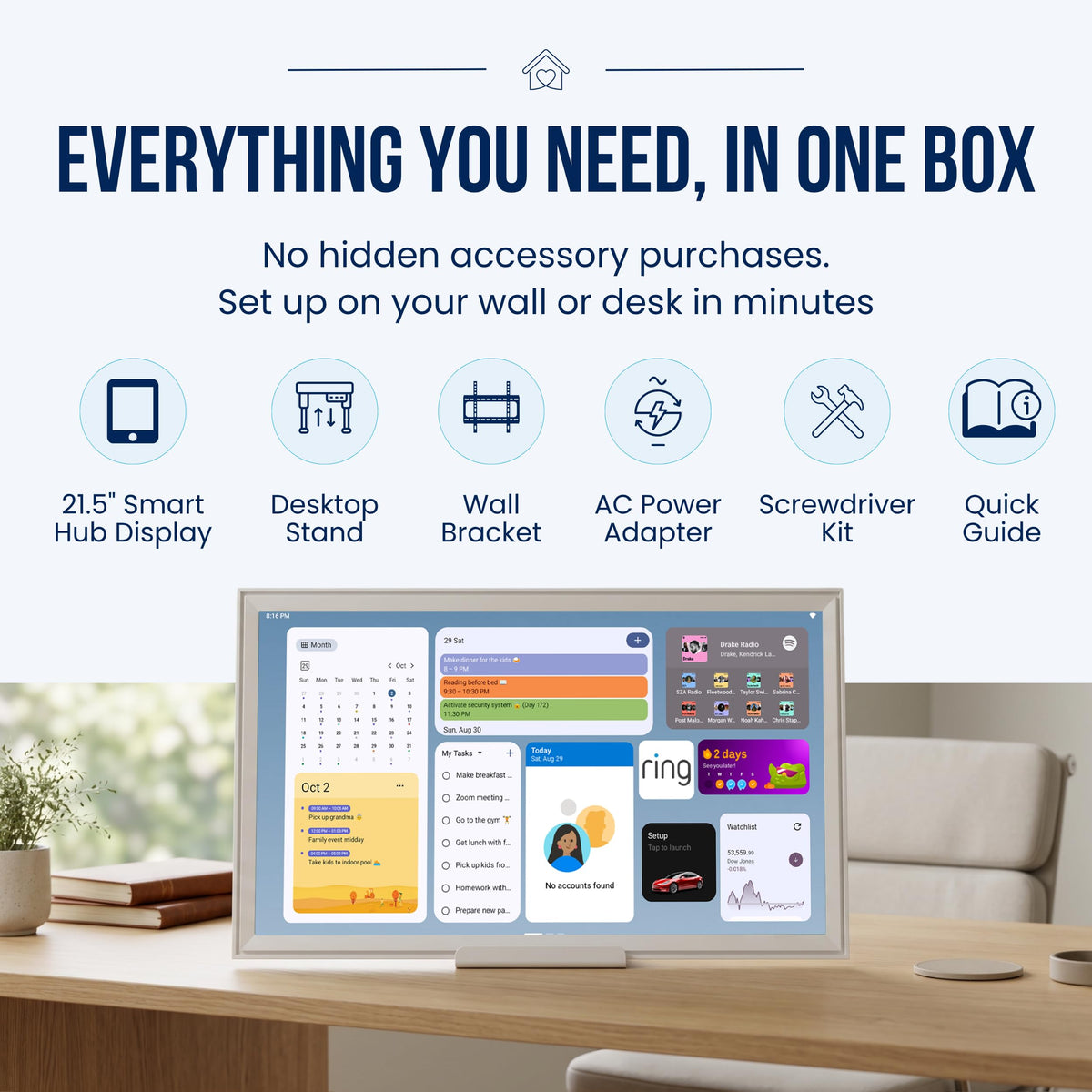 21.5" Smart Hub Digital Calendar Touch Screen, No Subscription, Google Play